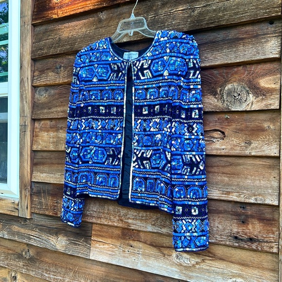 PAPÉLLE BOUTIQUE evening sequin silk vintage latch down jacket fully lined 80s - Picture 2 of 9